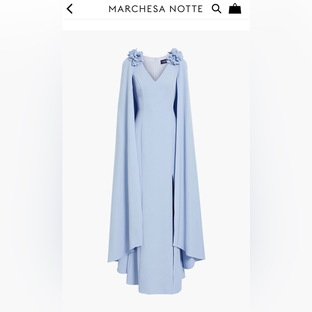 Marchesa Notte light blue cape dress.